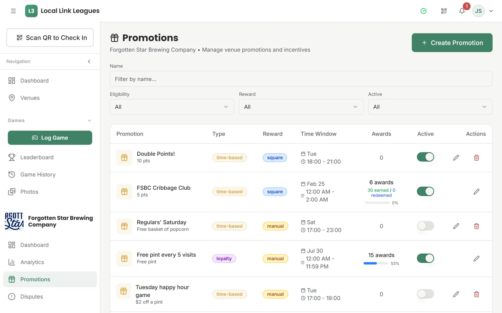 The venue's Promotions page: Double Points and the Cribbage Club paying Square points, with awards and on/off switches