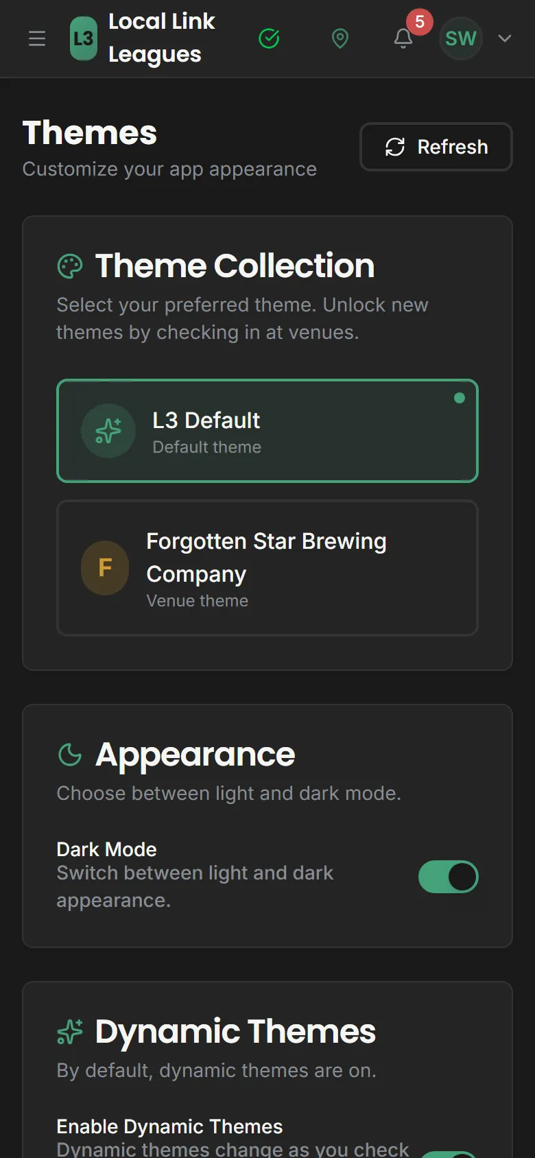 The Themes page in dark mode: the L3 default and the Forgotten Star venue theme, with Dark Mode switched on