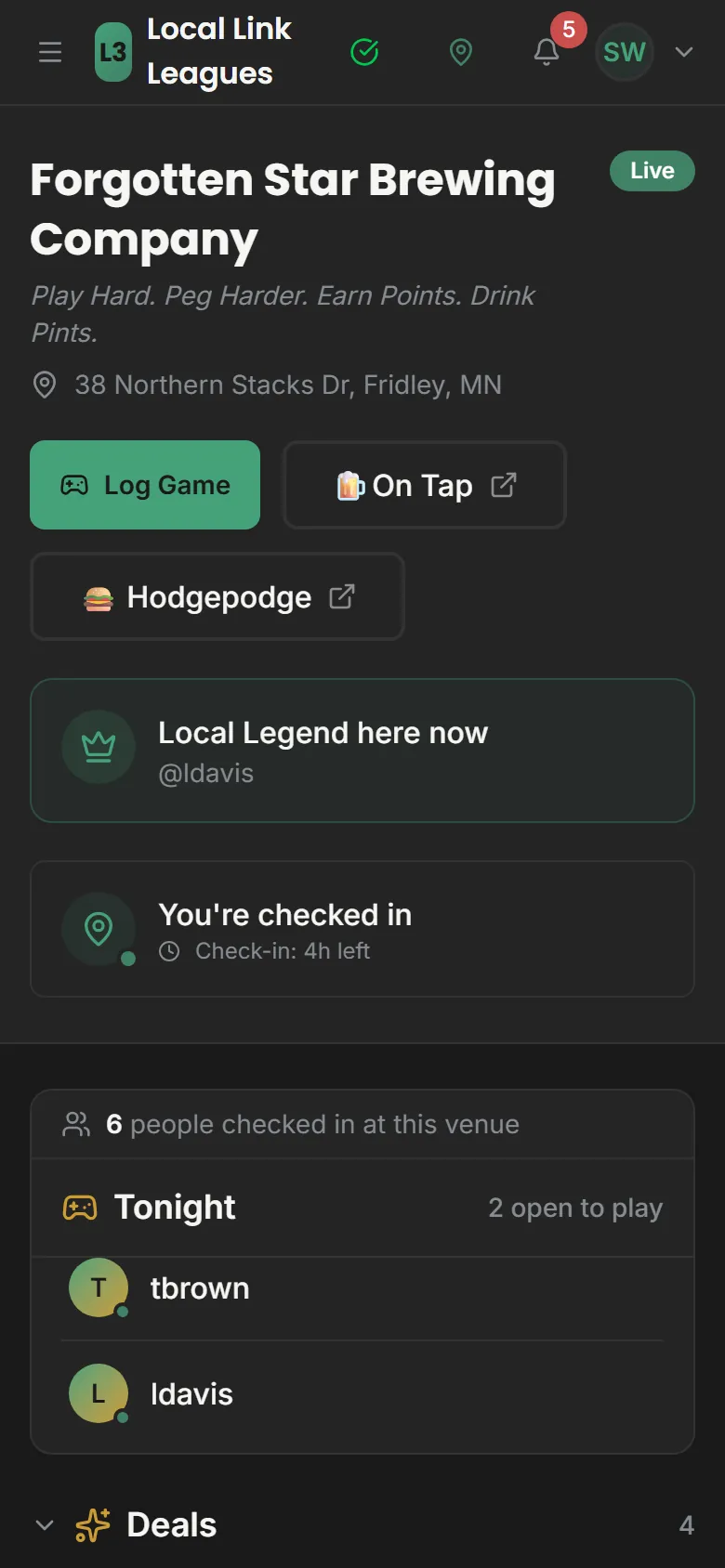 Forgotten Star's venue page in dark mode
