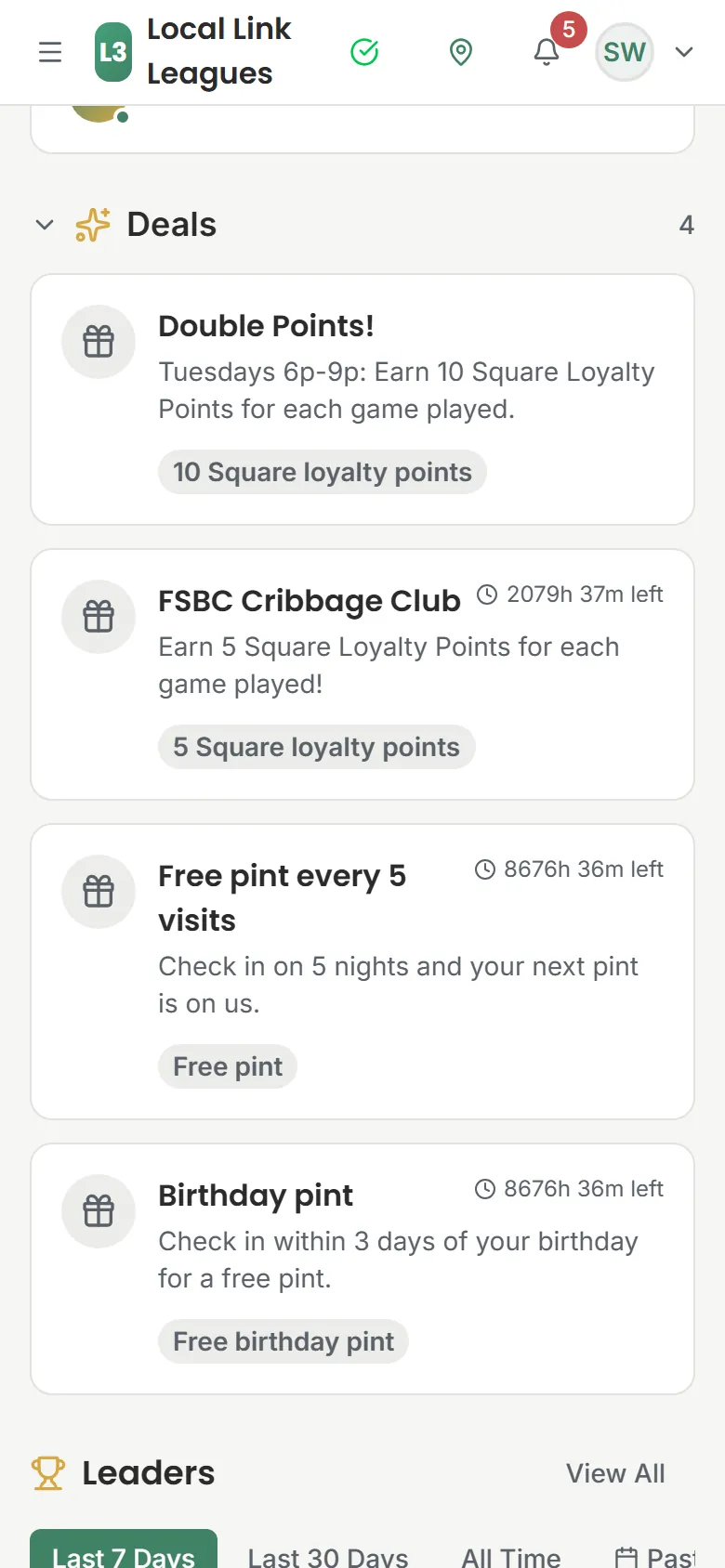 Forgotten Star's deals: Double Points on Tuesdays 6 to 9 for 10 Square loyalty points a game, the Cribbage Club for 5 points a game, a free pint every 5 visits and a birthday pint