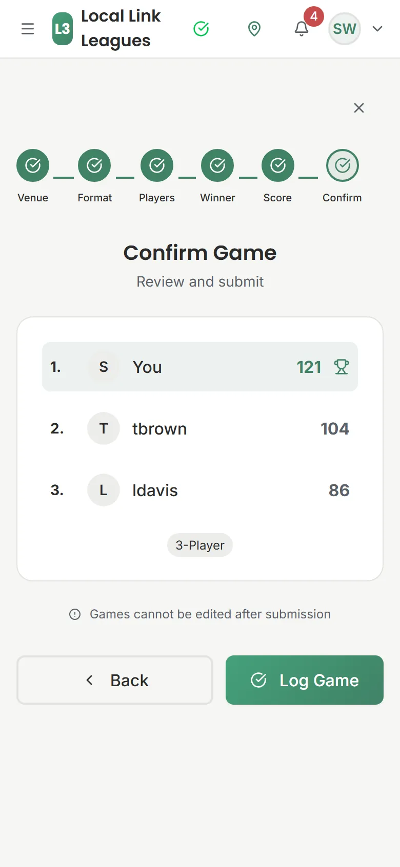 Confirm Game: you 121, tbrown 104, ldavis 86, 3-player
