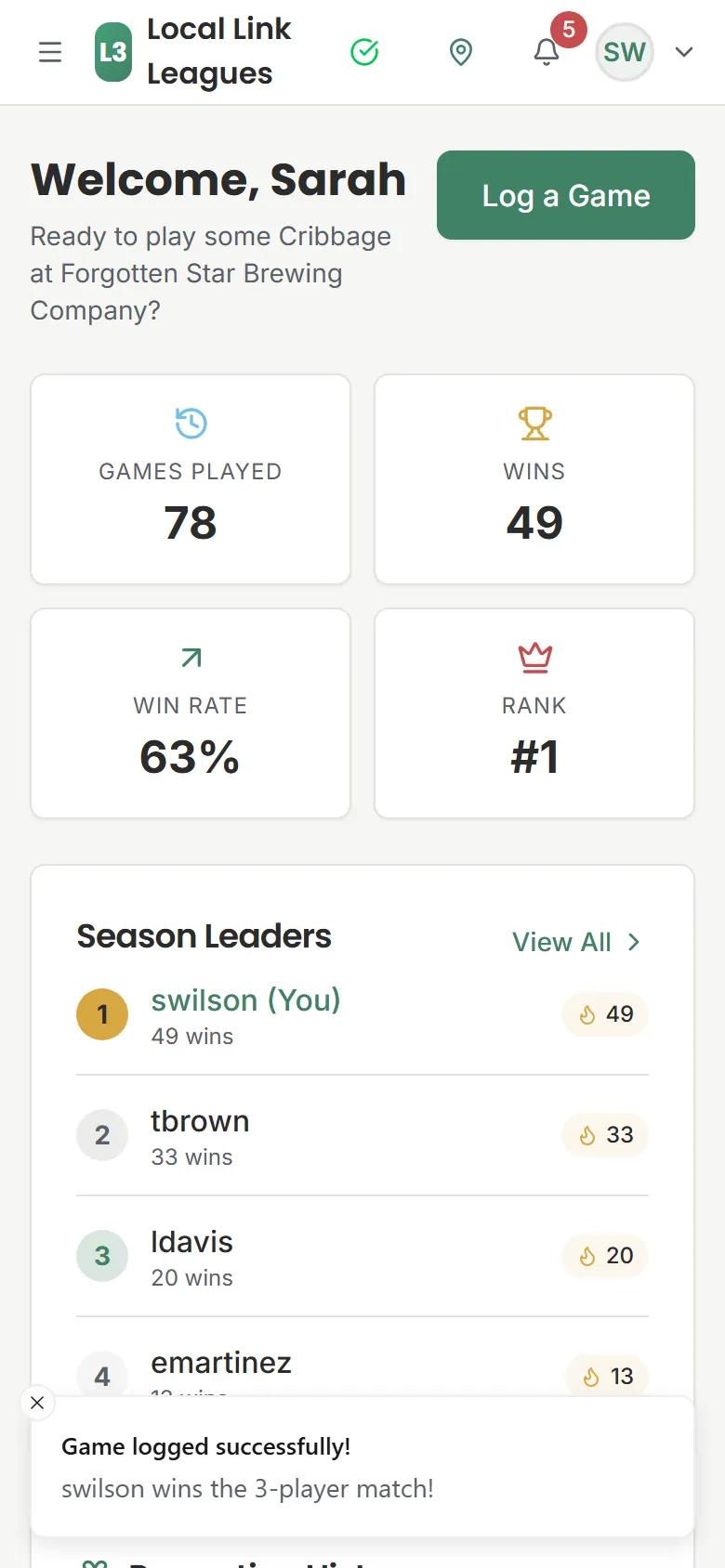 Game logged: your dashboard shows games played, wins, win rate and rank, with a confirmation that you won the 3-player match