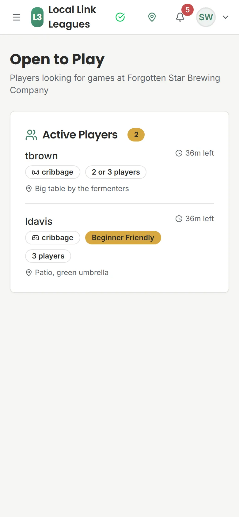 Open to Play: two players looking for cribbage games, with game sizes, a Beginner Friendly tag and where to find them