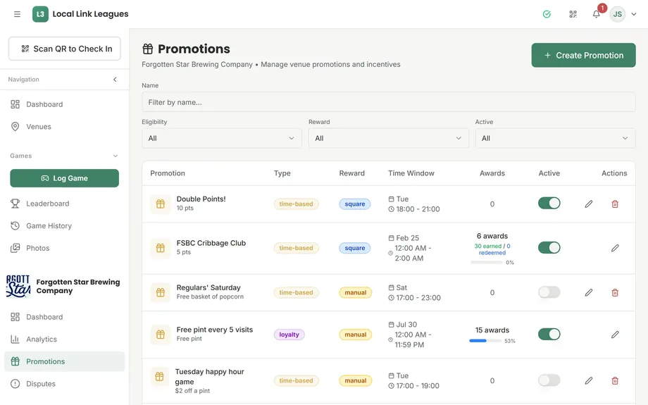 The venue's Promotions page: Double Points and the Cribbage Club paying Square points, with awards and on/off switches