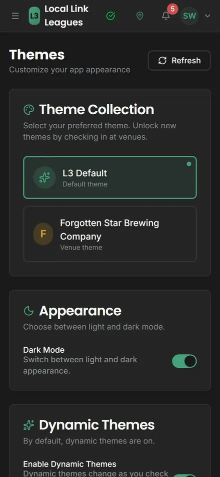 The Themes page in dark mode: the L3 default and the Forgotten Star venue theme, with Dark Mode switched on