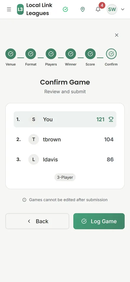 Confirm Game: you 121, tbrown 104, ldavis 86, 3-player
