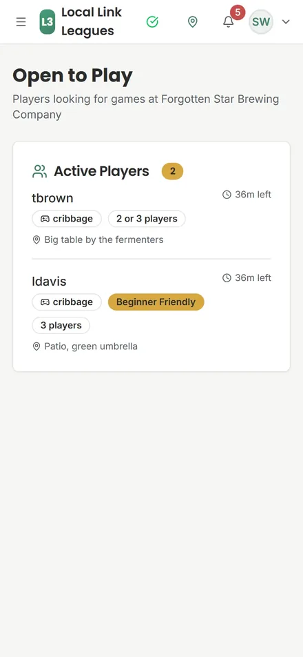 Open to Play: two players looking for cribbage games, with game sizes, a Beginner Friendly tag and where to find them