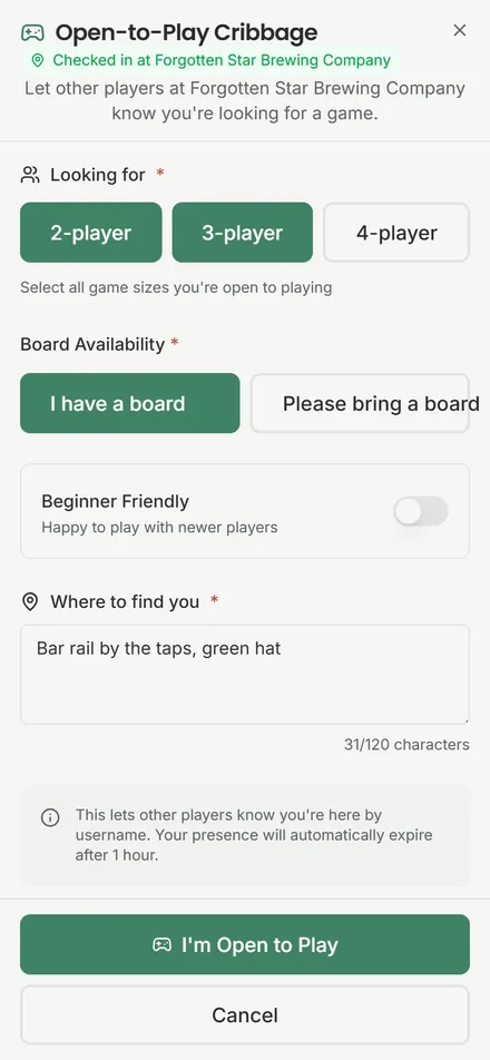 The Open-to-Play form: game sizes, board availability, Beginner Friendly and where to find you