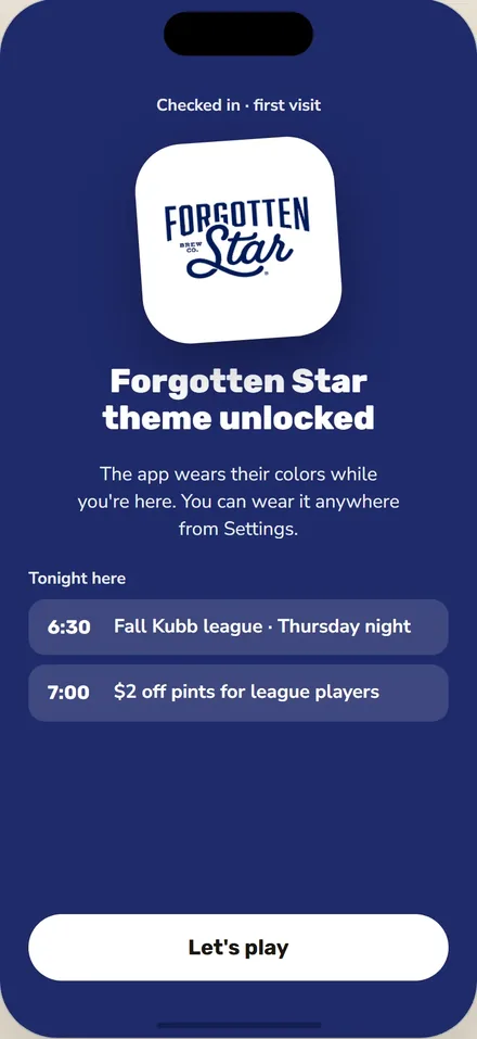 Example design: Forgotten Star theme unlocked on a first visit, in the venue's navy, with what's on tonight