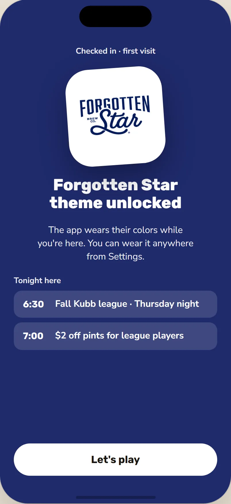 Example design: Forgotten Star theme unlocked on a first visit, in the venue's navy, with what's on tonight