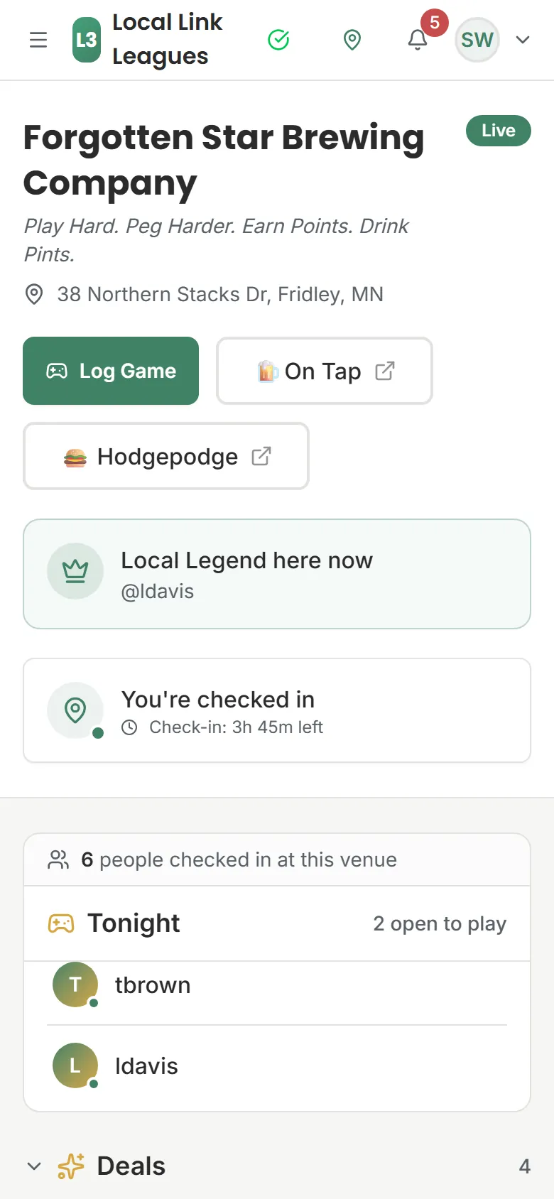 Forgotten Star's page in the app: you're checked in, 6 people are here and 2 are open to play